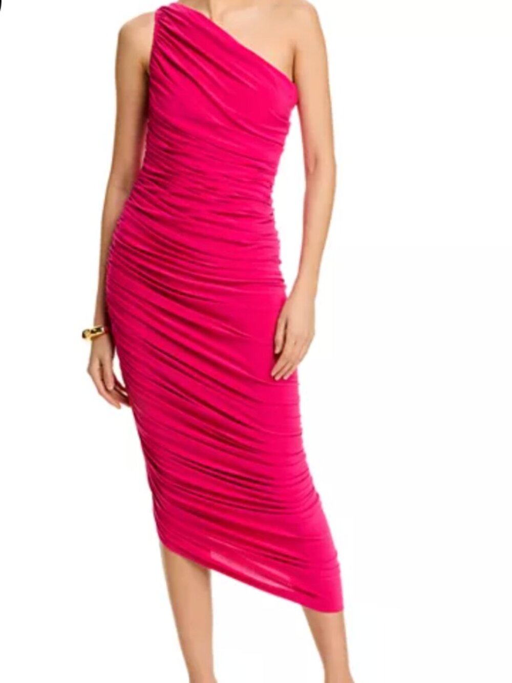 Norma Kamali One-Shoulder Ruched Midi Dress in Fuchsia